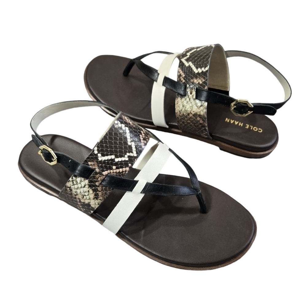 Cole Haan Finley Grand Thong Sandal Snakeskin Print Embossed Leather Espresso